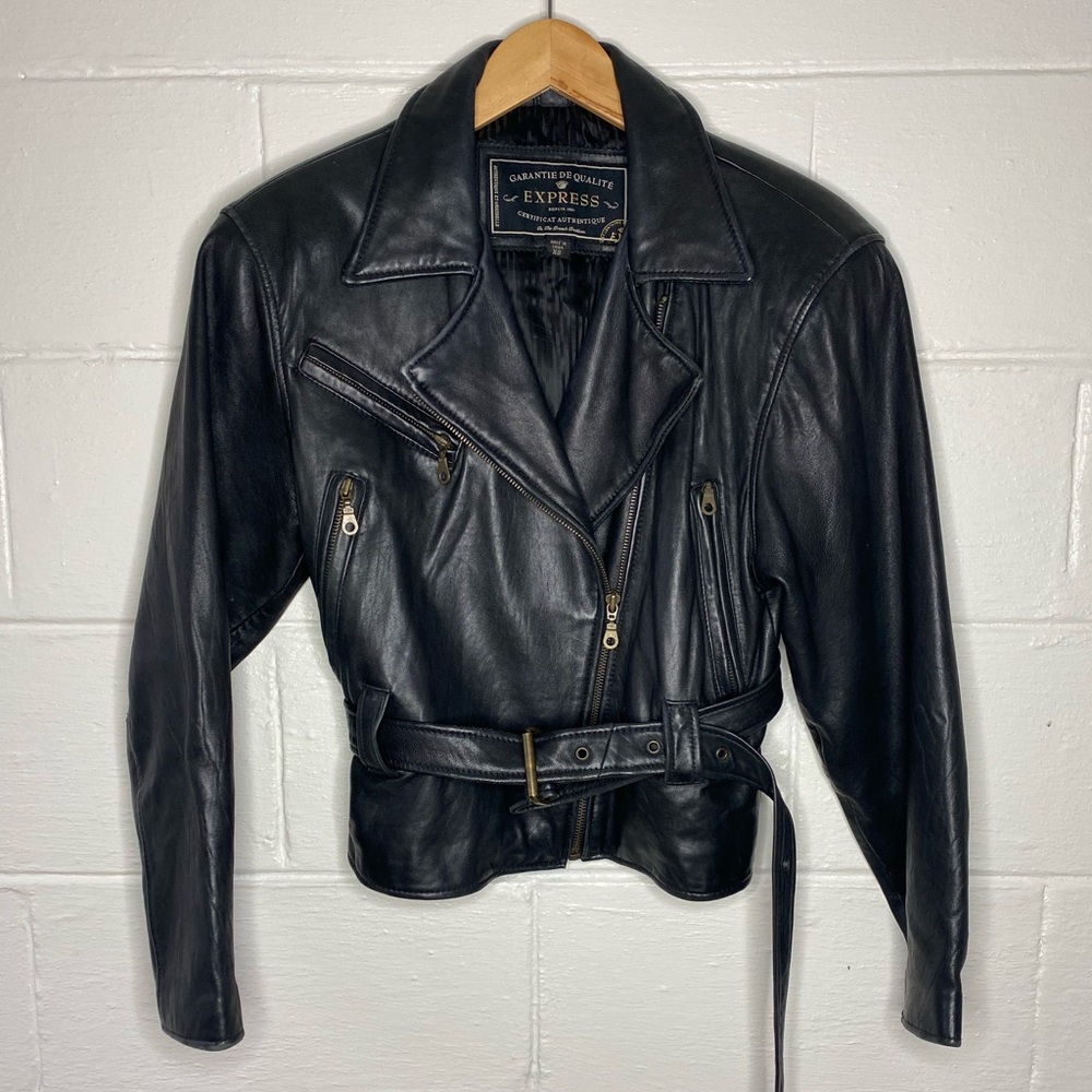 Express Black Leather Motorcycle Jacket with Asymmetrical Zipper